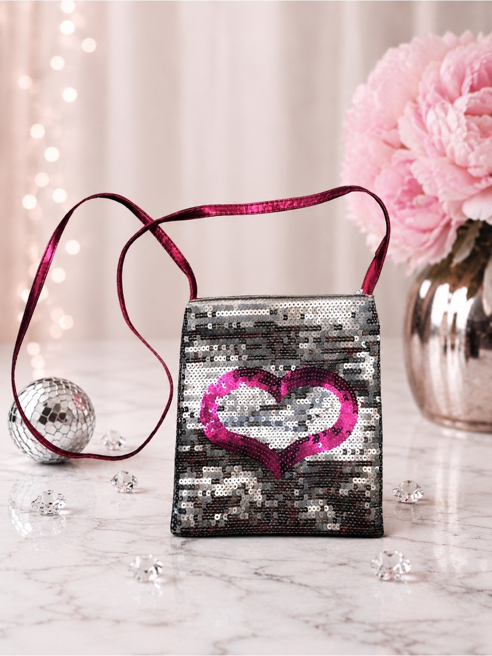 Cute Girls purse pouch silver sequin with pink heart satin pink strap.
